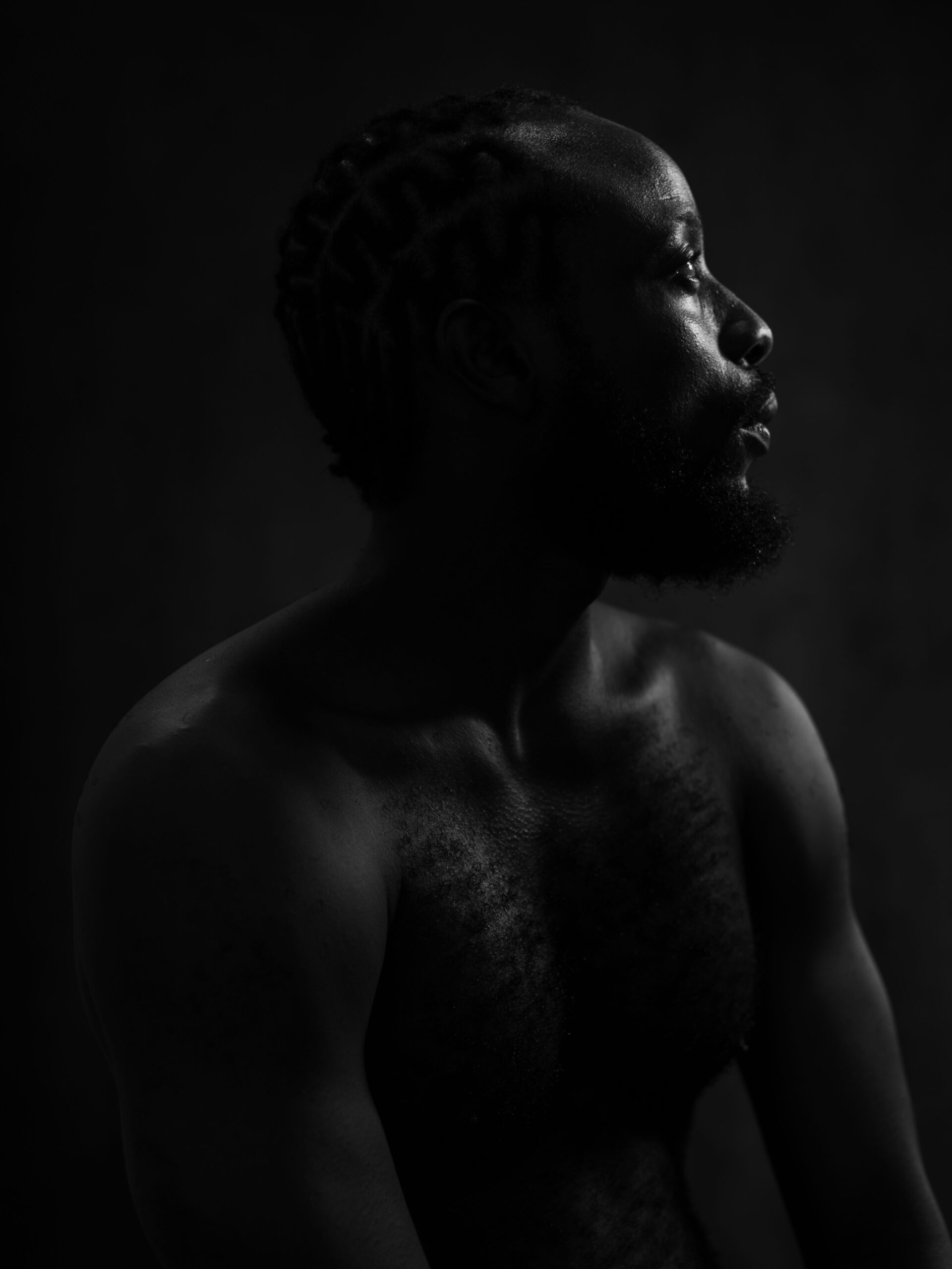A powerful grayscale portrait of a shirtless man with braided hair in profile.